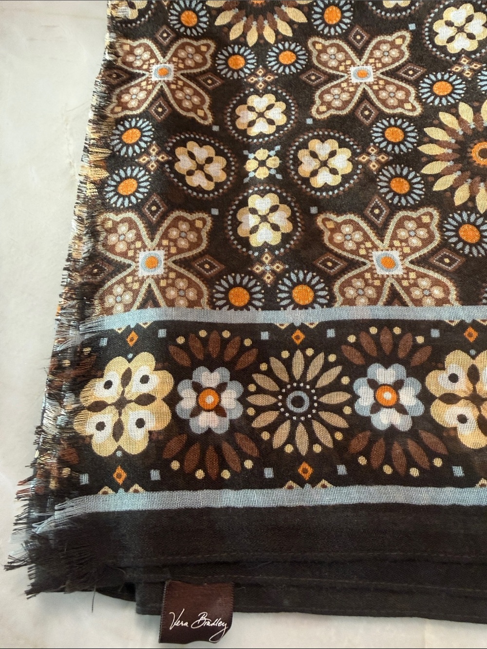 Vera Bradley Brown Floral Medallion scarf , wrap with Orange & Cream Accents